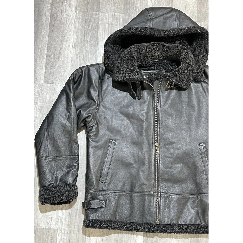 Leather Limited Mens XL Black Leather Sherpa Lined Hooded Bomber Jacket Aviator